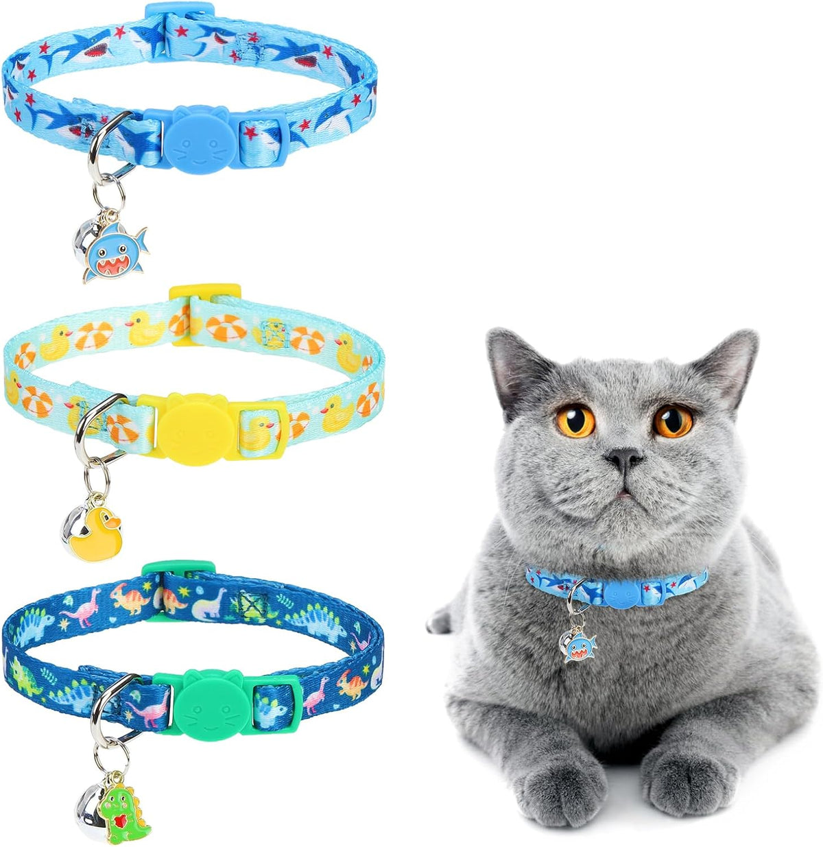 DILLYBUD breakaway cat collars front view three pack showing fruit and animal patterns