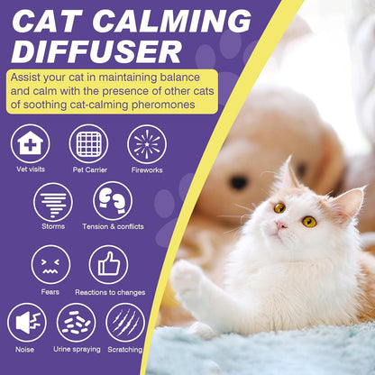 Calm domestic cat relaxing peacefully near an active plug-in calming diffuser.