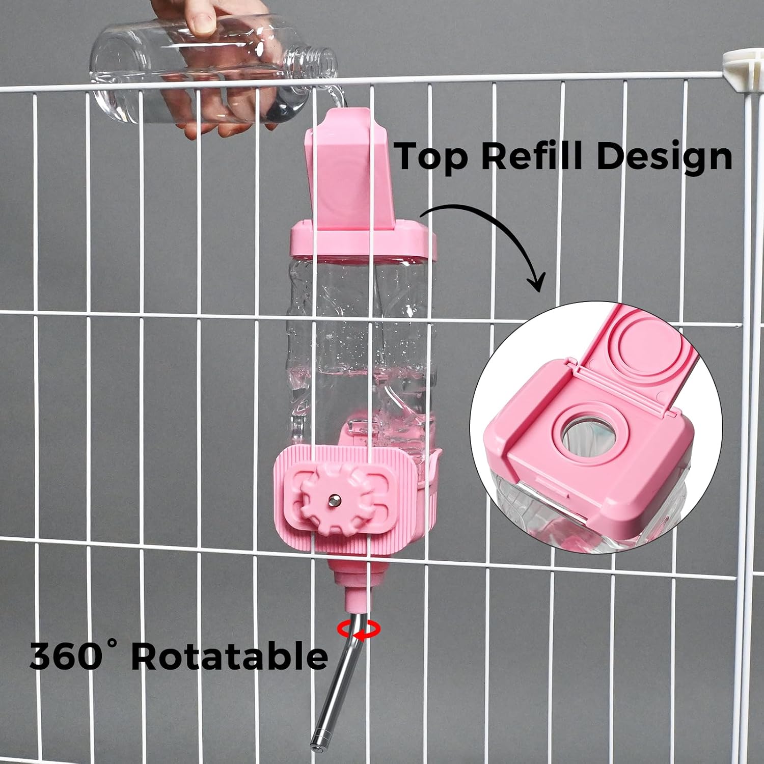 Vannon Small Animal Water Dispenser for Cage, 30oz Auto Feeding Crate Water Bottle for Rabbit, Chinchilla, Ferret, Guinea Pig, Squirrel, Hedgehog, Pet Nozzle Diameter: 10mm, BPA Free, Pink - Image 9