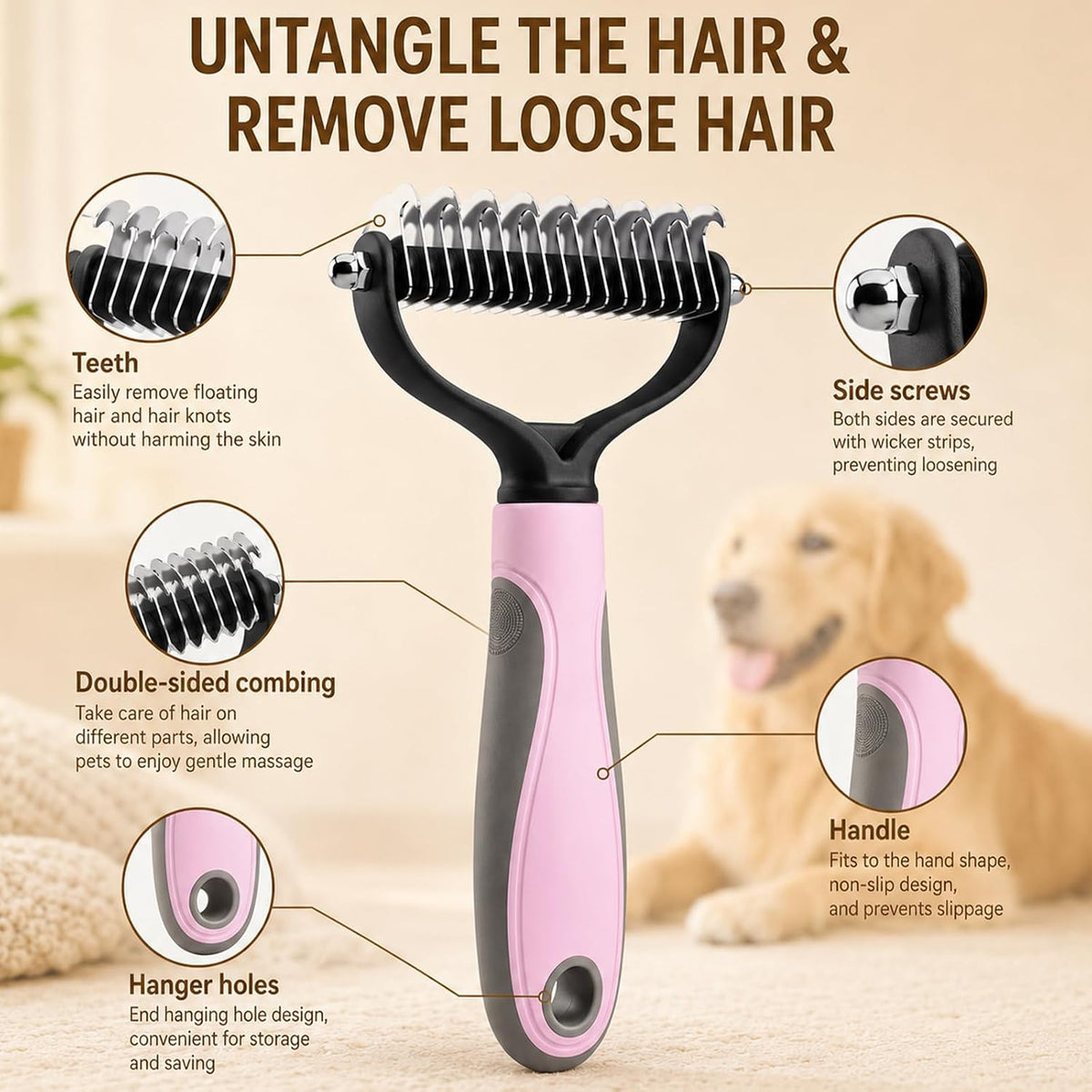 Side profile of dual-sided pet undercoat rake