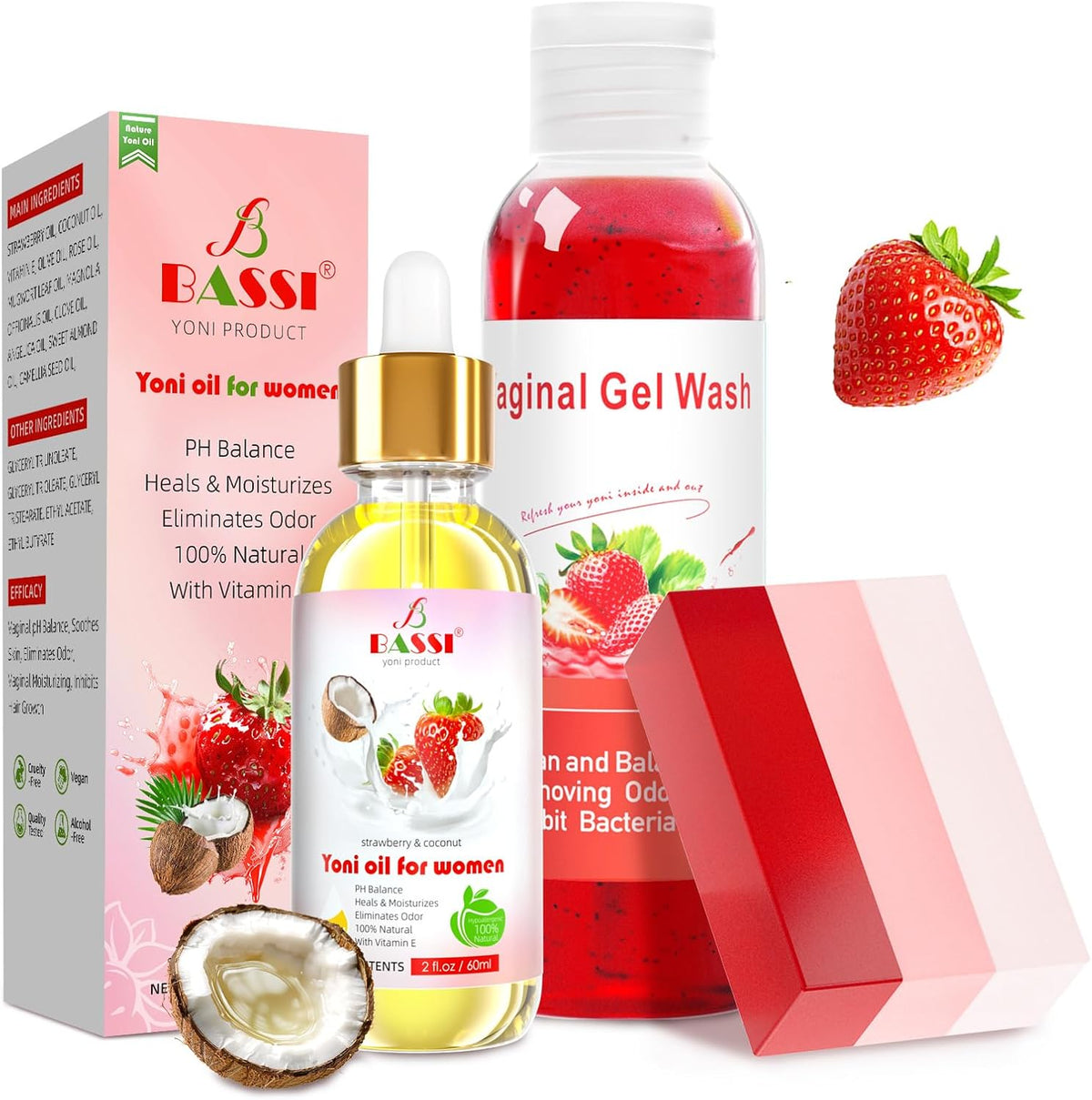Bassi Feminine Wash Yoni Oil and Soap Set front view for intimate hygiene.