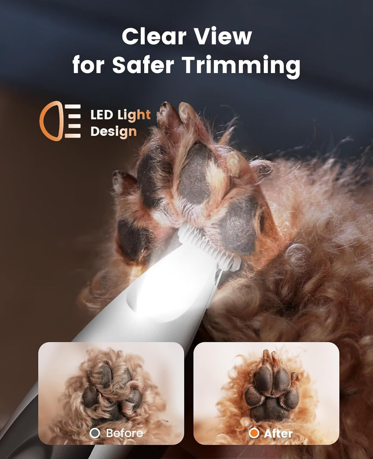 Rechargeable pet paw trimmer with integrated led light illuminating paw pads
