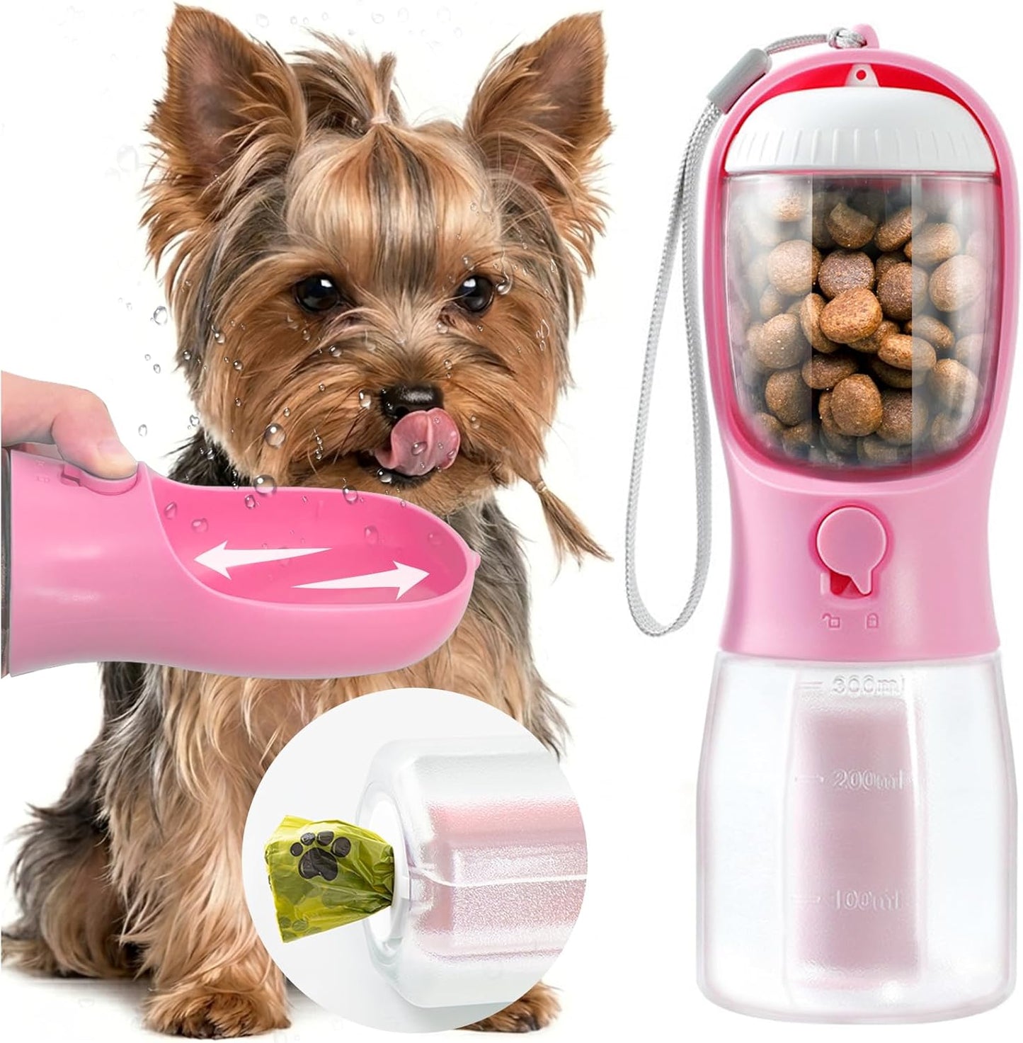 MoonyMars portable dog water bottle front view pink travel pet dispenser