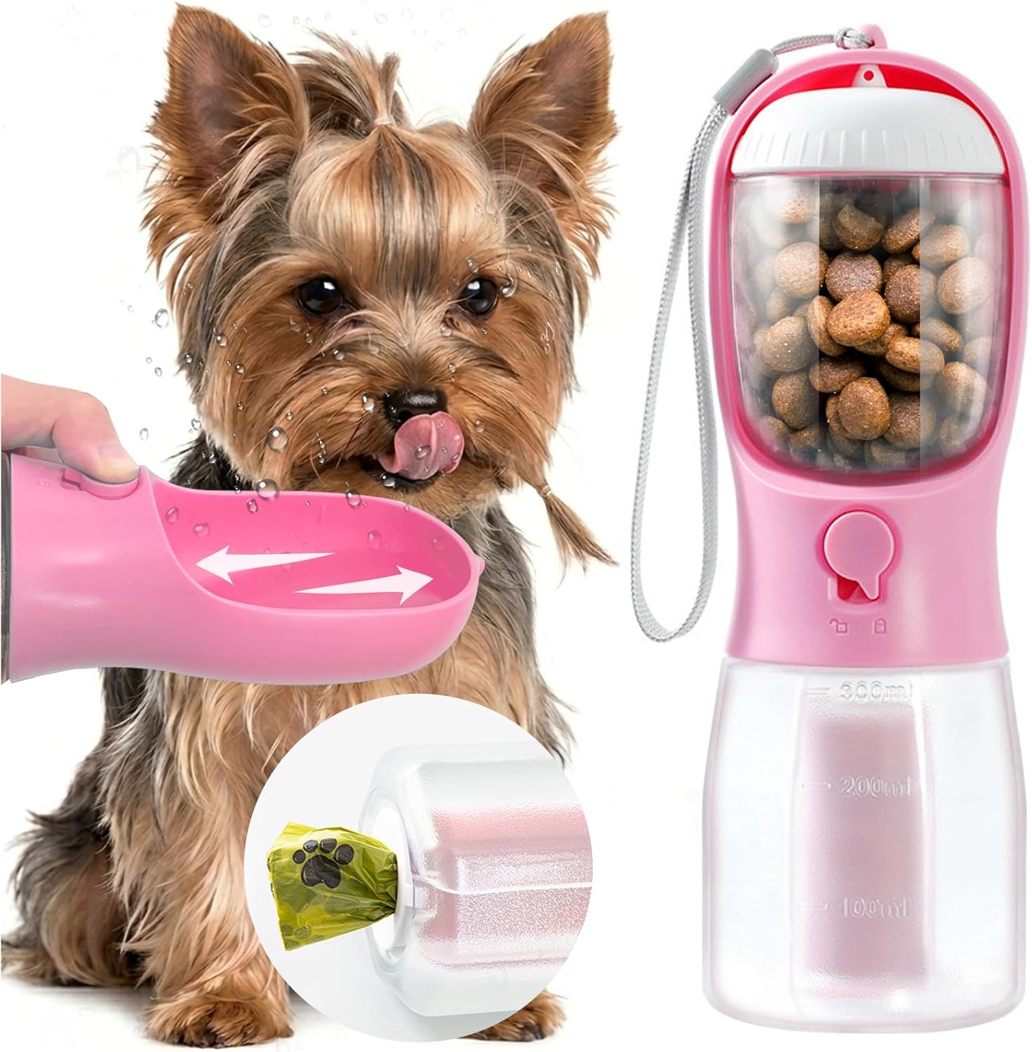 MoonyMars portable dog water bottle front view pink travel pet dispenser