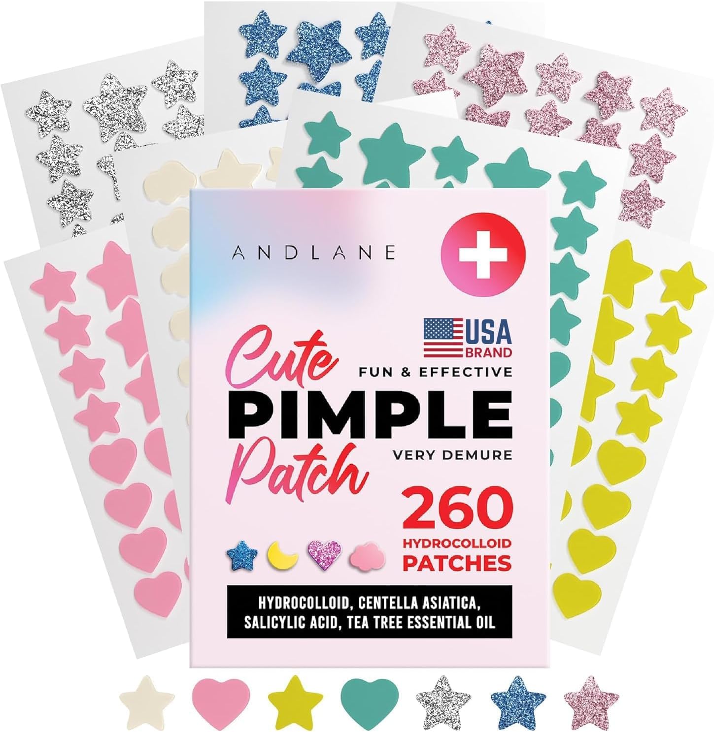 Andlane cute pimple patches front view showing star and heart shapes for acne care