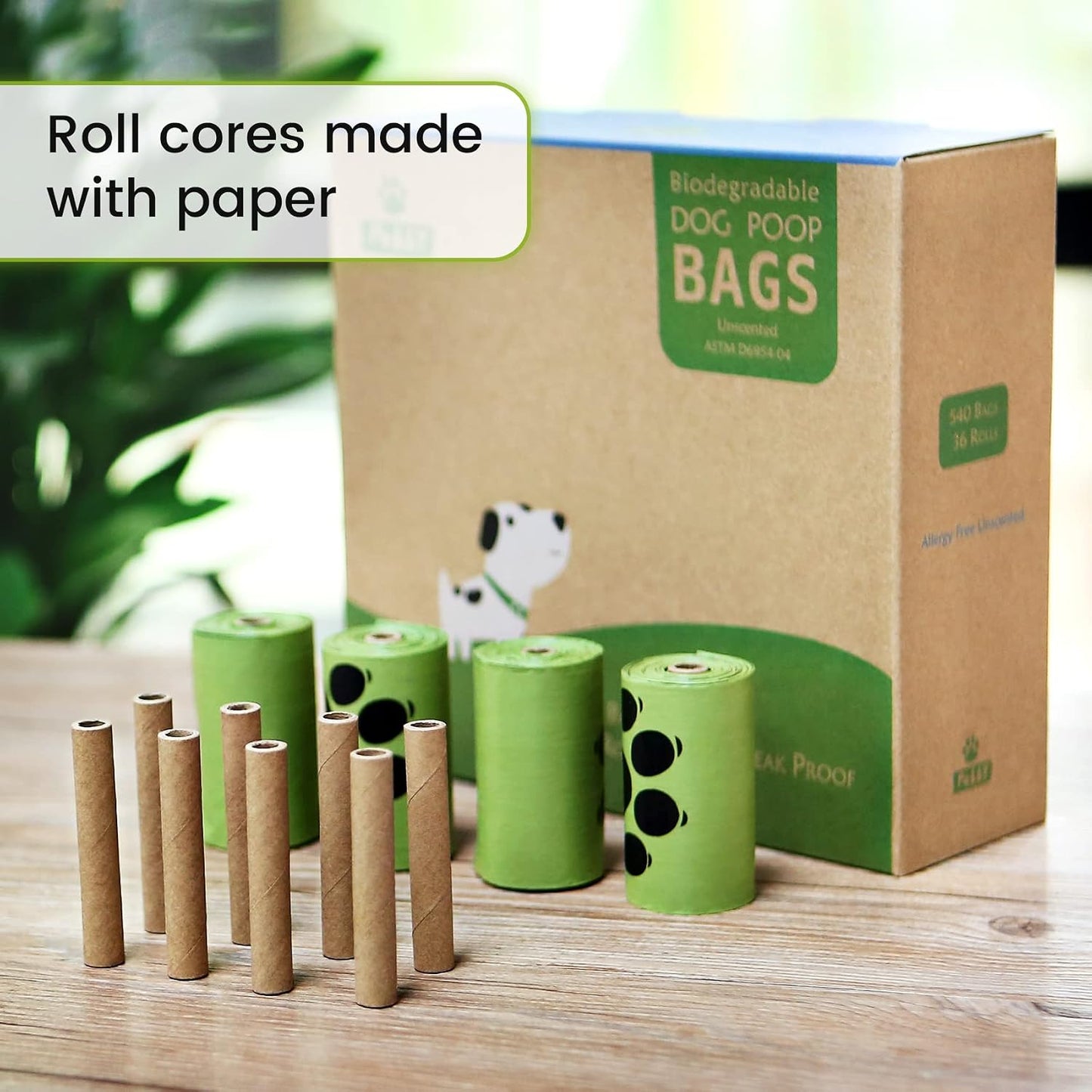 Recycled paper core inside a green PobbY doggie waste roll.