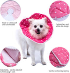 Adjustable protective Elizabethan collar for puppy surgery recovery showing self adhesive strap