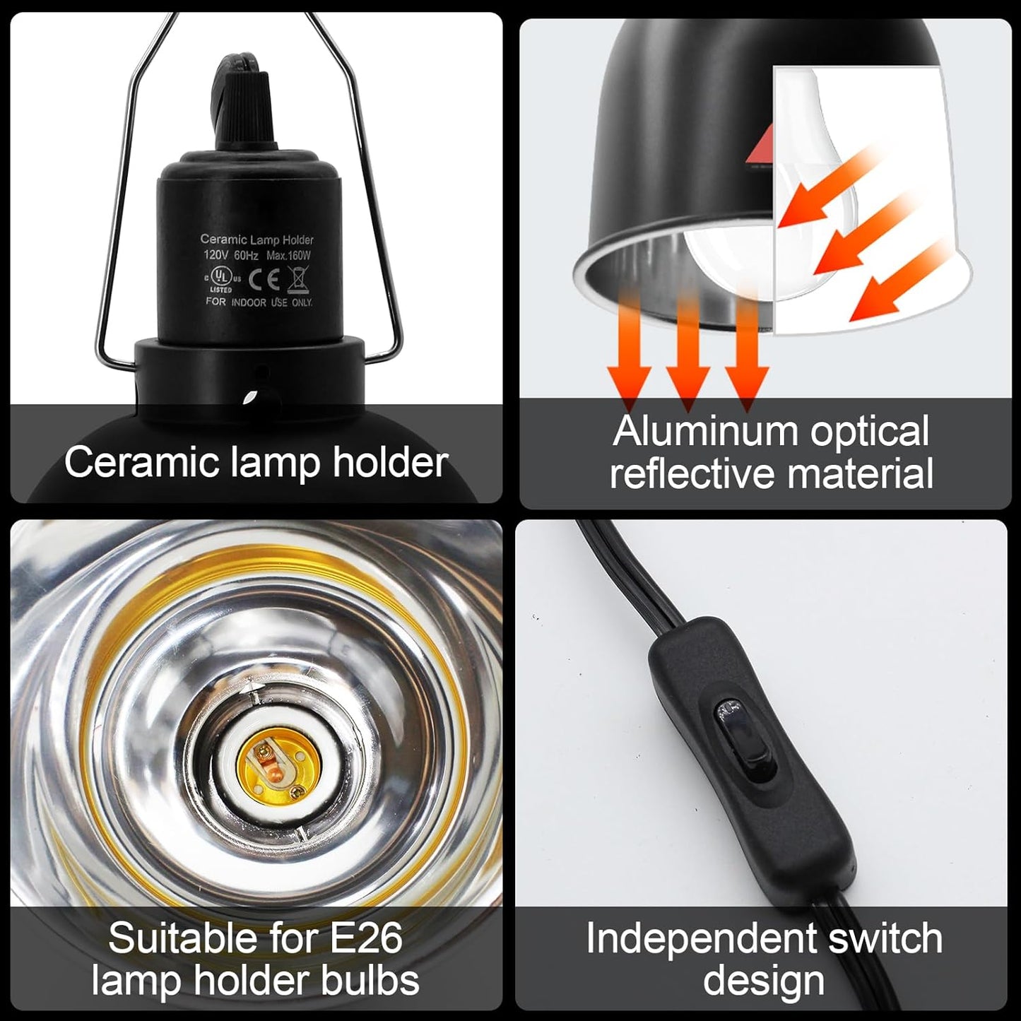 MECESOR reptile light fixture ceramic socket close up showing E26 base compatibility
