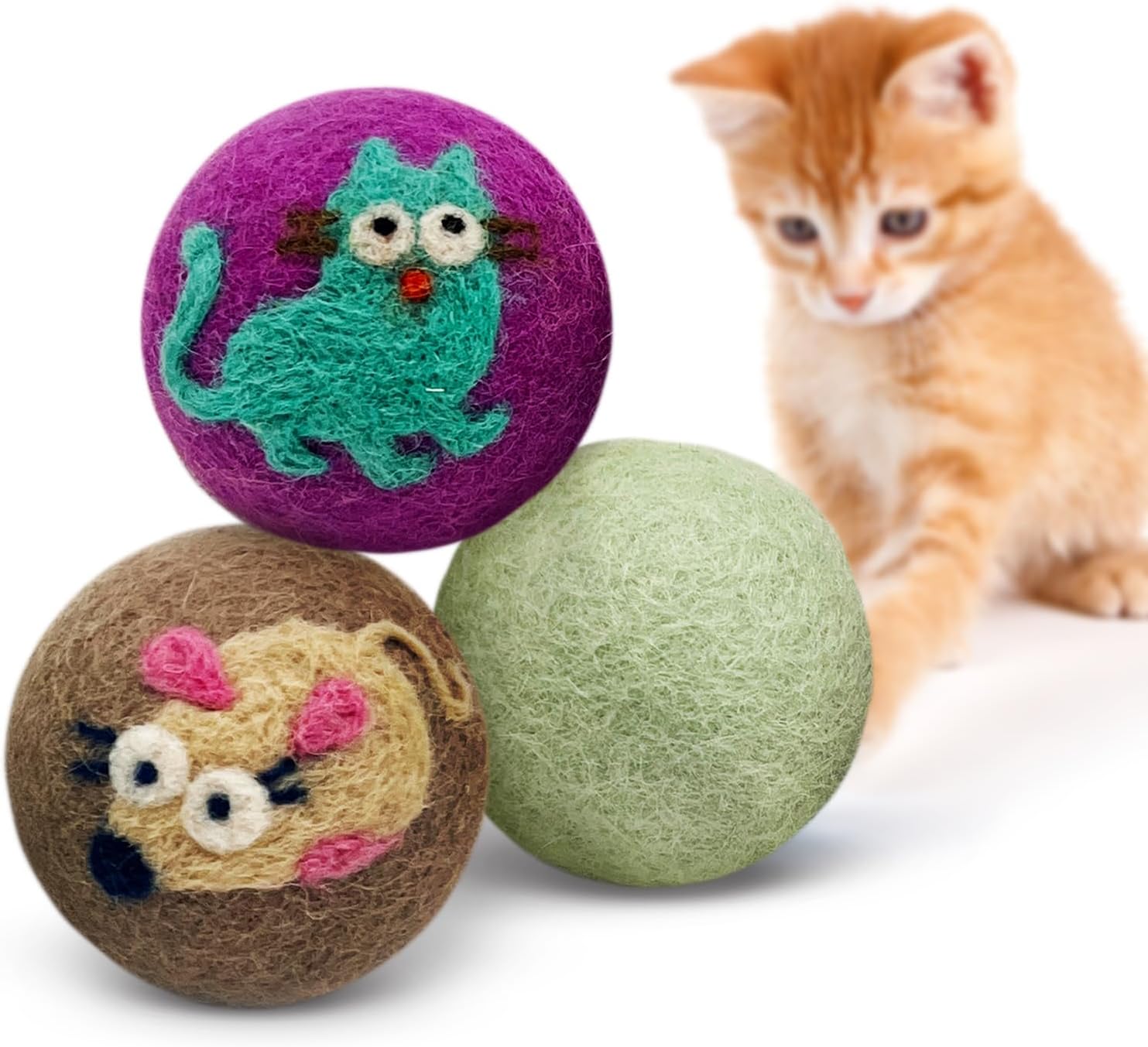 Hustle & Blush Love Ewe Felted Cat Toys 3 Pack - 2 Inch Fish & Bird Hand Made Cute & Fun Design Kitten Wool Felt Balls for Indoor Play & Exercise - 100% New Zealand Handmade Felted Balls - Image 9