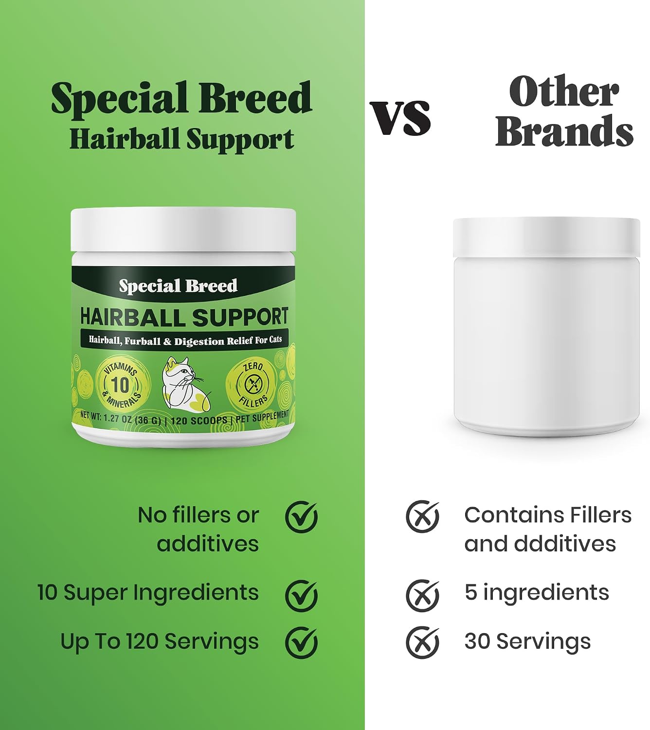 Natural ingredients graphic showcasing pumpkin, psyllium, and Omega-3s for cat skin and coat care