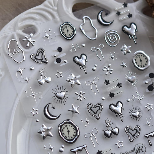 NBNTGH silver nail art stickers featuring heart and star designs