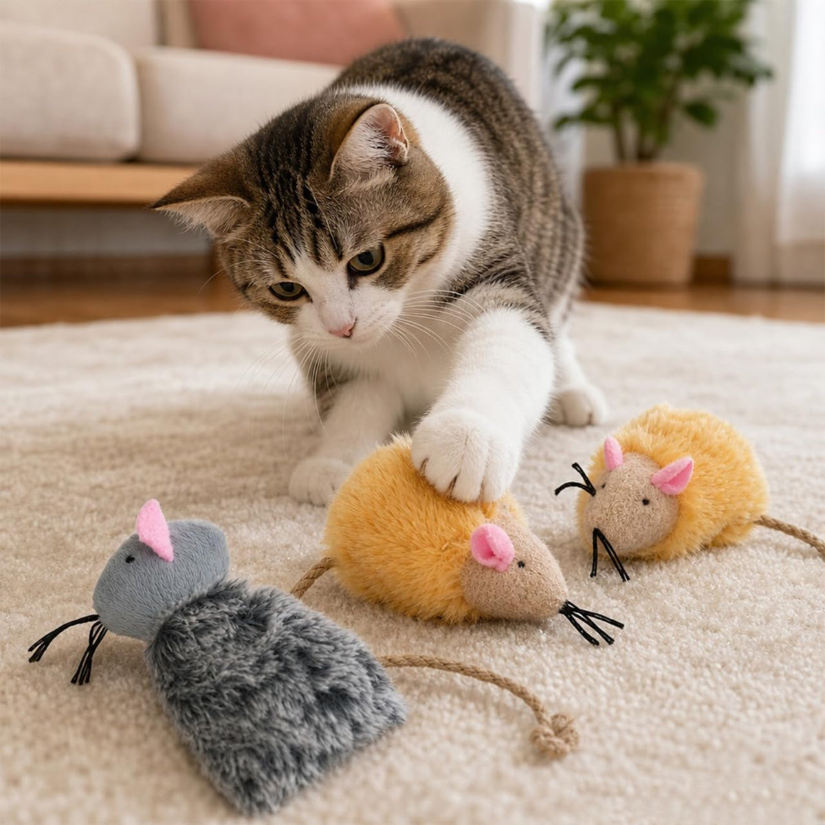 Hemoton Refillable Catnip Toys realistic mouse shaped plush playthings with braided rope tails for cats.