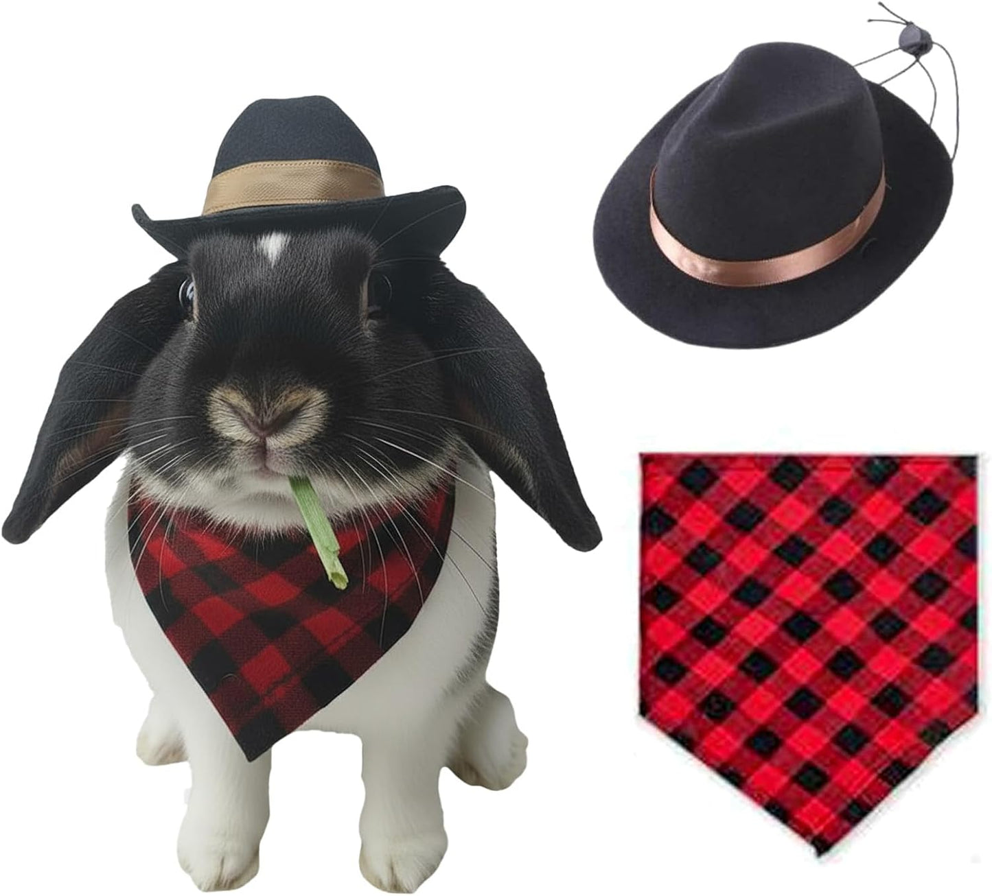 Hokable cowboy hat and bandana pet costume front view on a rabbit