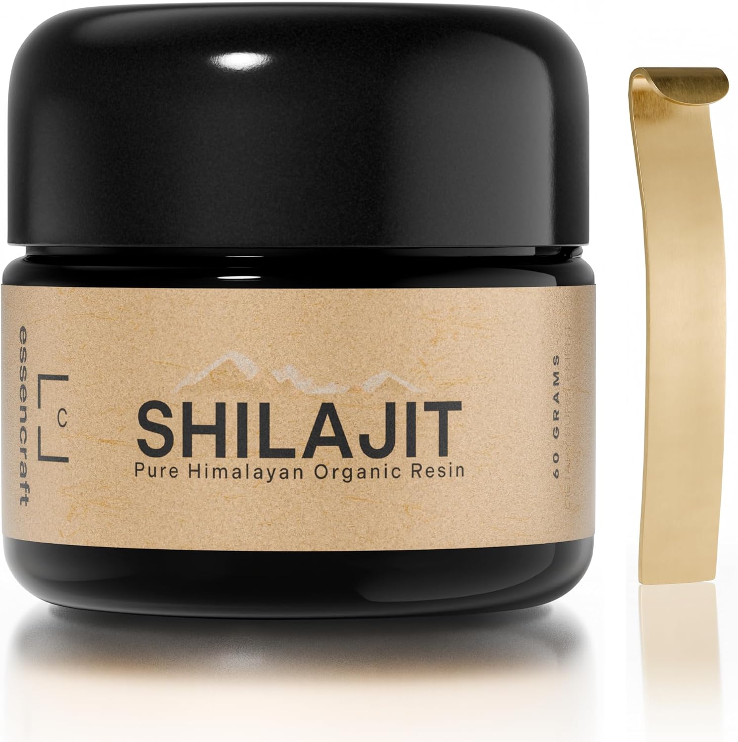 Essencraft pure Himalayan organic shilajit resin 60 grams jar front view showing packaging details.
