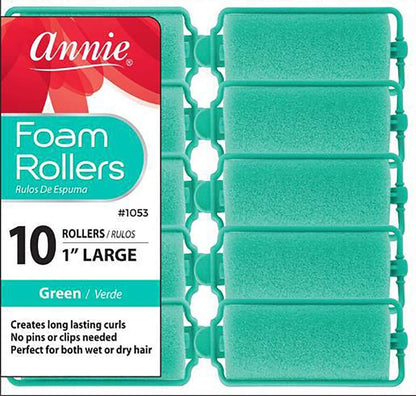 Annie Large Foam Hair Rollers front packaging view showing ten green sponge curlers for heatless styling.