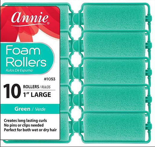 Annie Large Foam Hair Rollers front packaging view showing ten green sponge curlers for heatless styling.