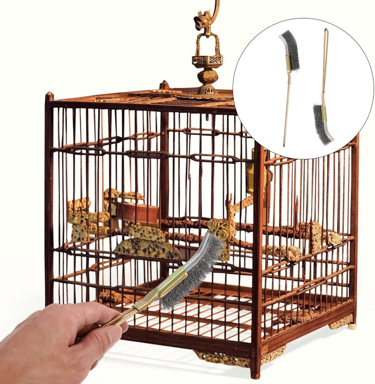 Angoily bird cage brush showing the convenient handle hanging hole