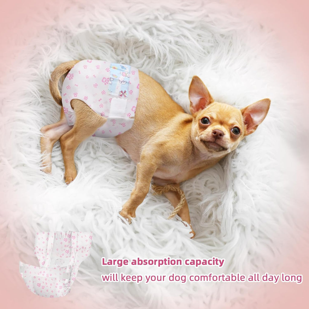 Adjustable tape tabs on pink female puppy diapers close up view