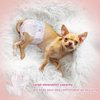 Adjustable tape tabs on pink female puppy diapers close up view