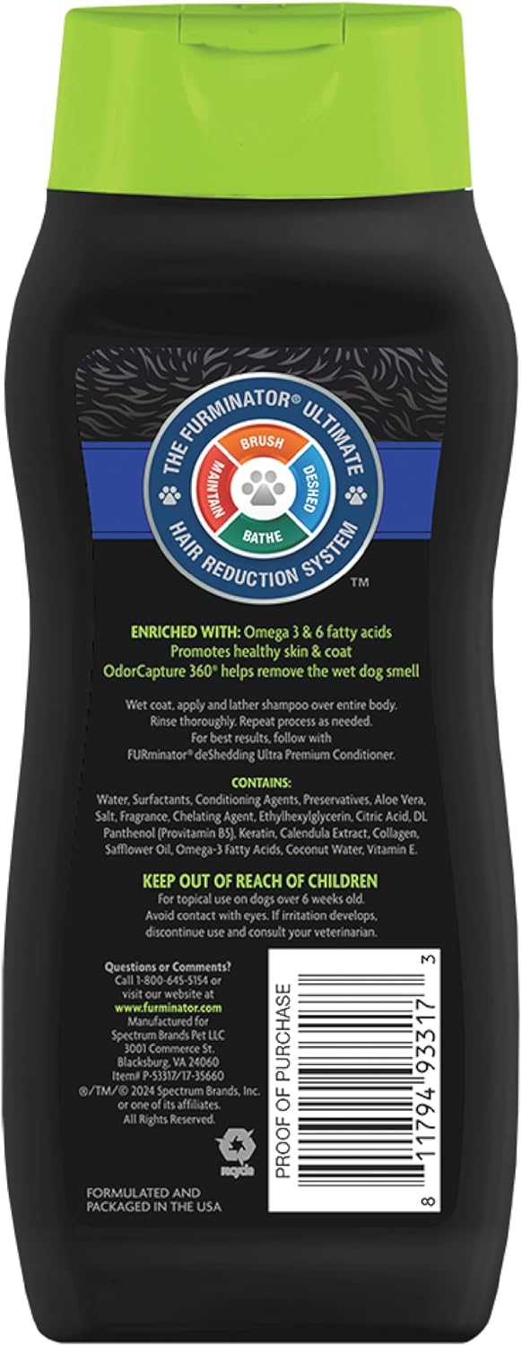 FURminator dog shampoo label showing Omega fatty acids benefit
