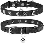 DILLYBUD leather cat collar front view featuring black genuine leather with silver star and moon studs and attached safety bell.