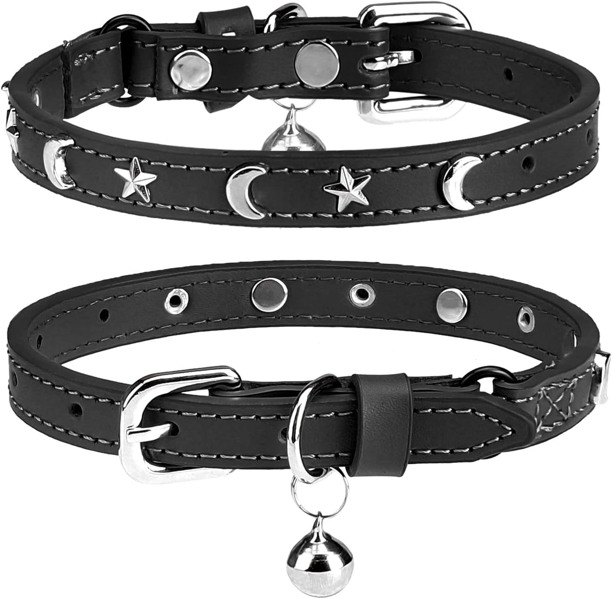 DILLYBUD leather cat collar front view featuring black genuine leather with silver star and moon studs and attached safety bell.