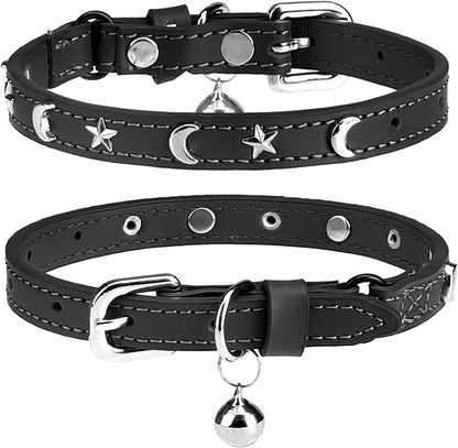 DILLYBUD leather cat collar front view featuring black genuine leather with silver star and moon studs and attached safety bell.