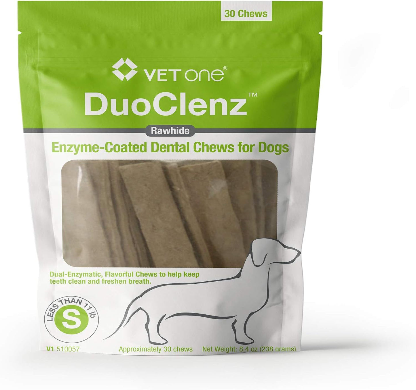 Thirty count bag of VetOne DuoClenz oral care chews for dogs