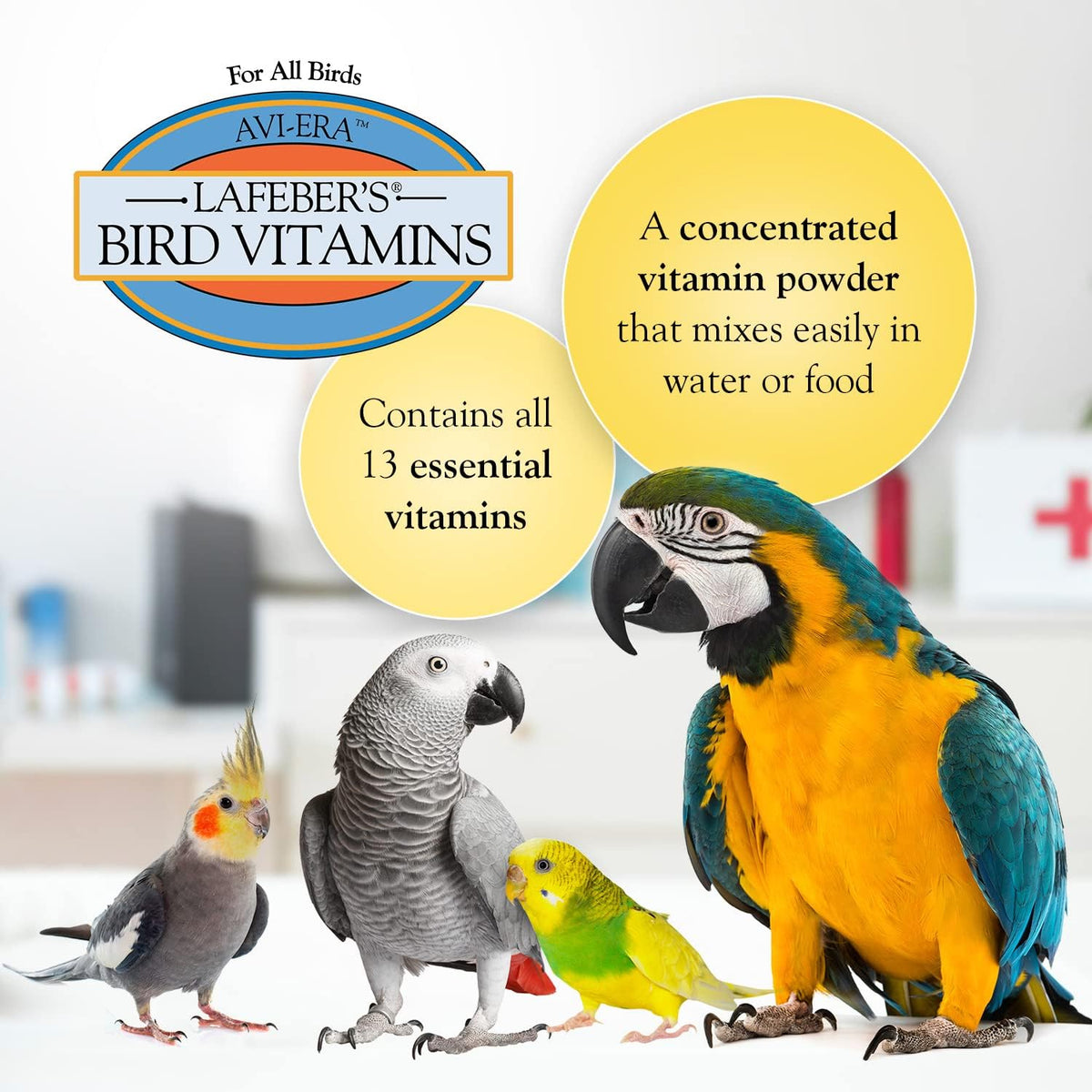 Lafeber's Avi-Era supplement bottle showing essential vitamin label