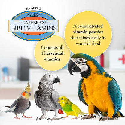 Lafeber Avi-Era bird supplement powder packaging highlighting thirteen essential vitamins feature