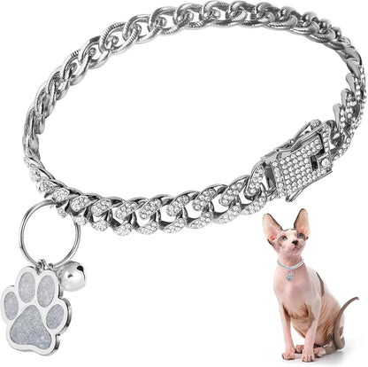 Hillban Cat Collar Diamond Chain Glitter Collar Walking Metal with Secure Buckle Cat Pet Necklace with Paw Charm and ID Tag Bell Link Cuban Jewelry Accessories Gift(10 Inch,Gold) - Image 11