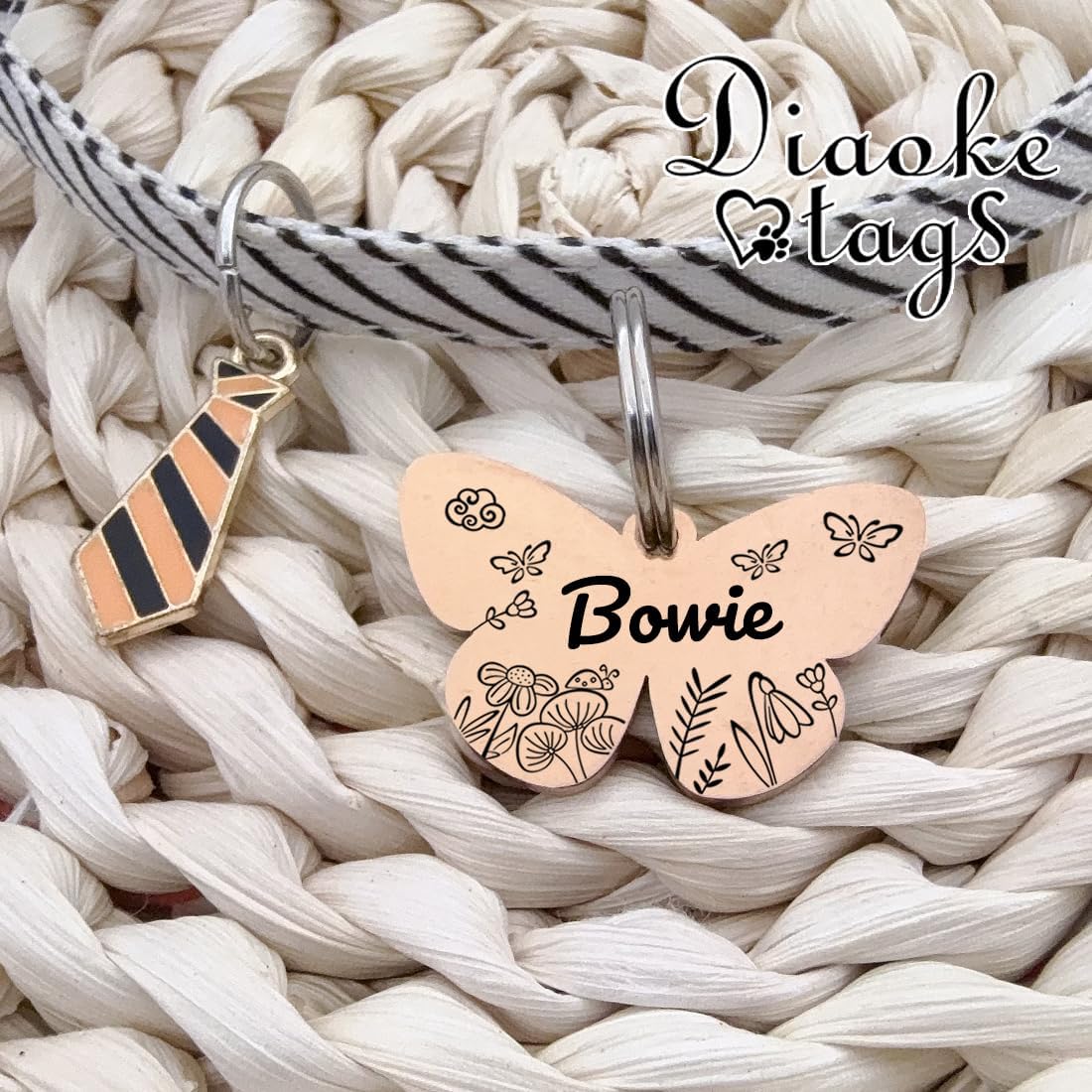 Laser engraved metal pet identification tag with four lines of custom text.