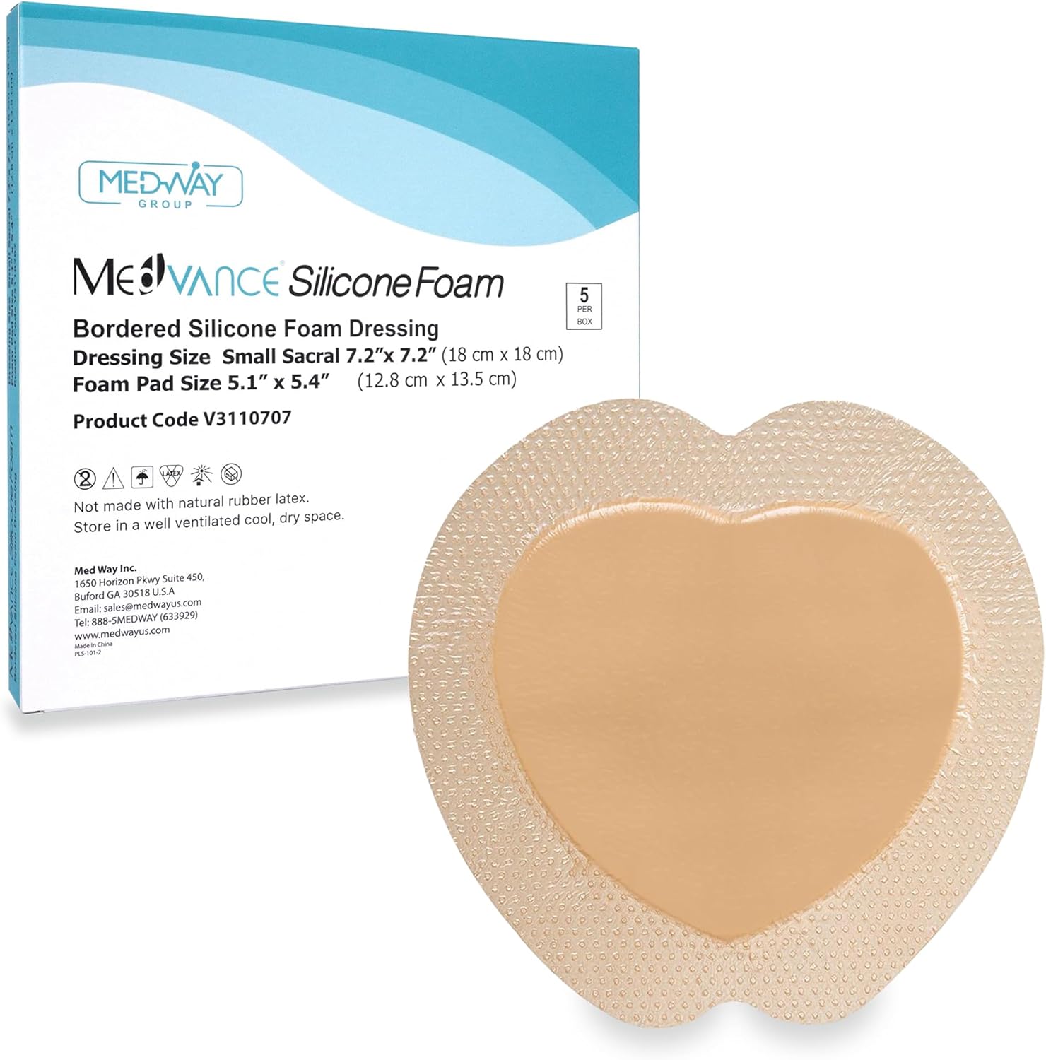 MedVance Silicone Bordered Adhesive Foam Dressing Sacral front packaging view showing five sterile dressings