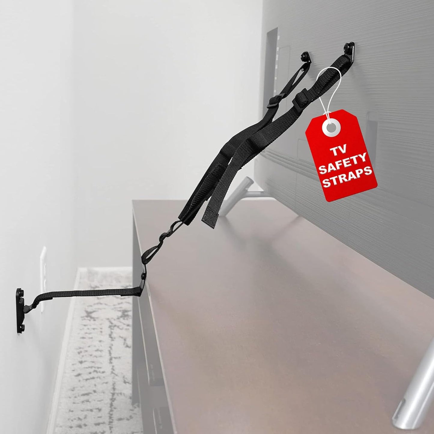 ECHOGEAR TV Safety Straps front view of heavy duty anti tip anchors attached to a flat screen television