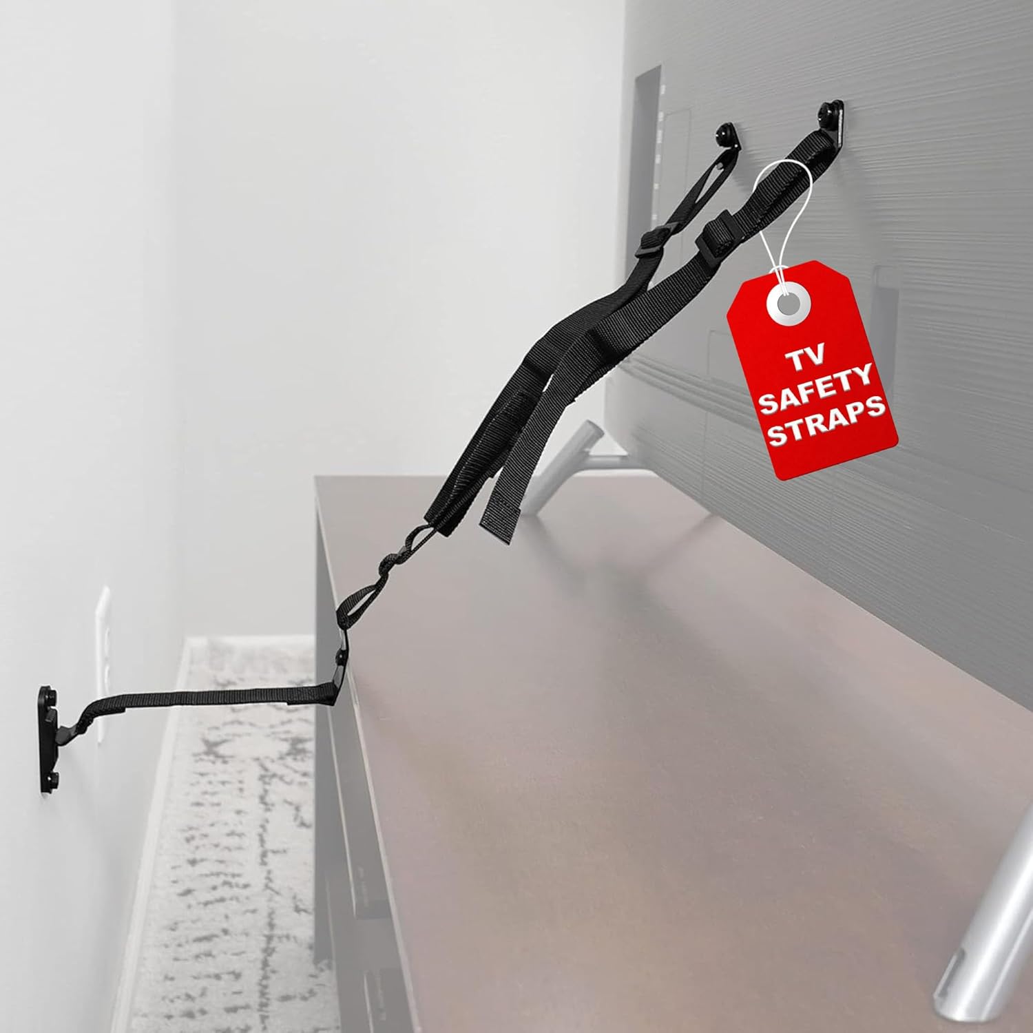 ECHOGEAR TV Safety Straps front view of heavy duty anti tip anchors attached to a flat screen television