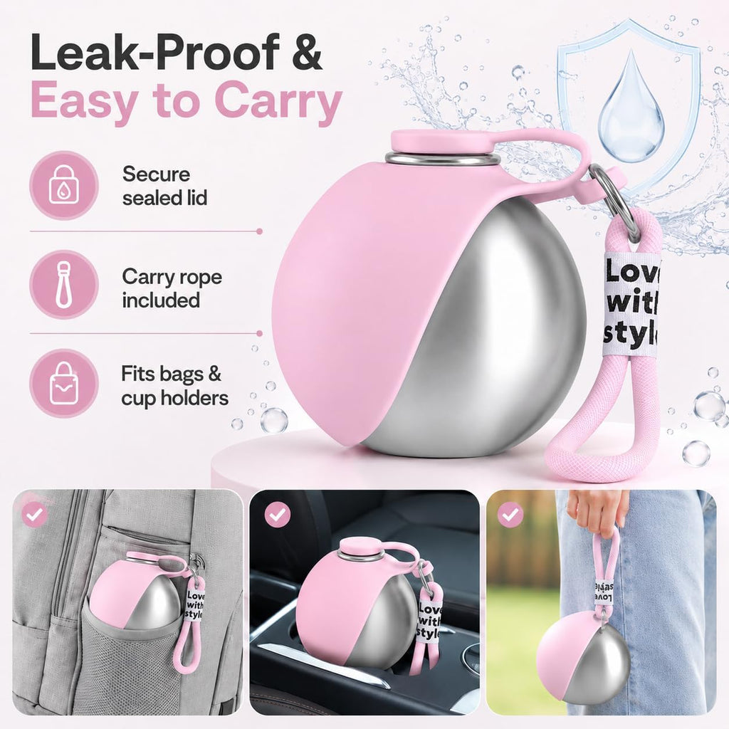 Compact Bokynu pink dog water bottle sitting securely inside a standard car cup holder.