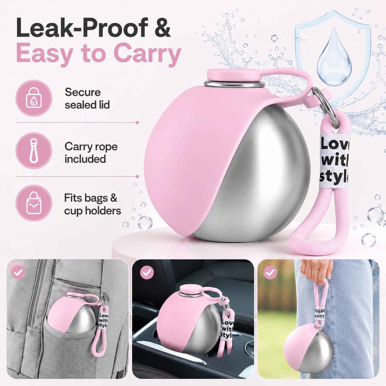 Compact Bokynu pink dog water bottle sitting securely inside a standard car cup holder.