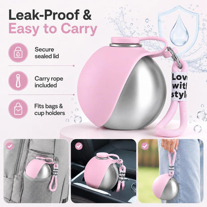 Compact Bokynu pink dog water bottle sitting securely inside a standard car cup holder.