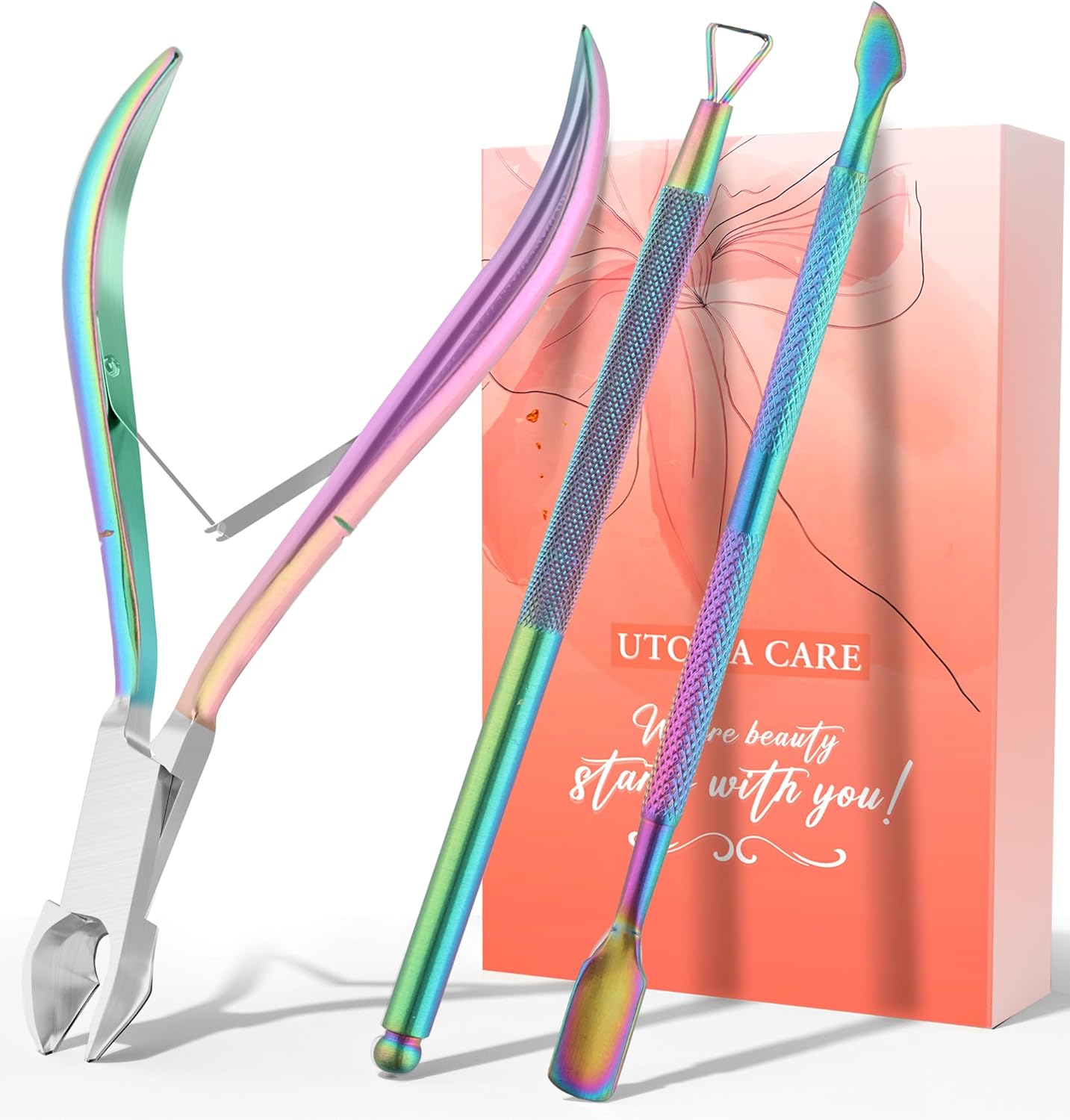 Utopia Care Cuticle Trimmer and Pusher Set front view showing the rainbow stainless steel nipper and dual ended tools