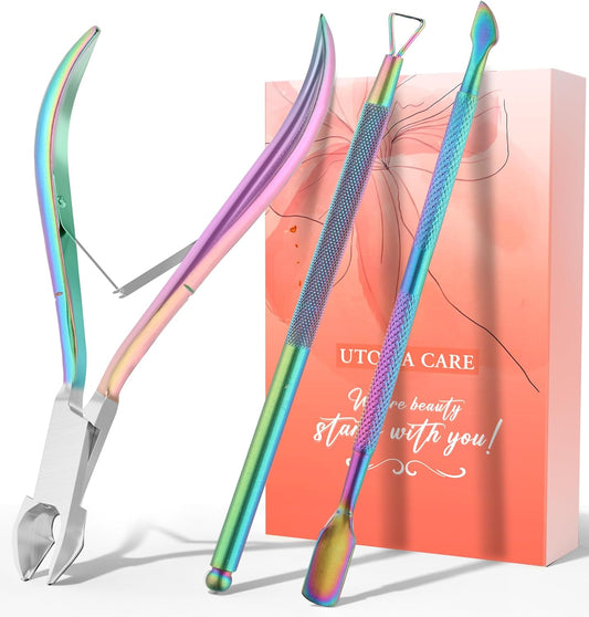 Utopia Care Cuticle Trimmer and Pusher Set front view showing the rainbow stainless steel nipper and dual ended tools