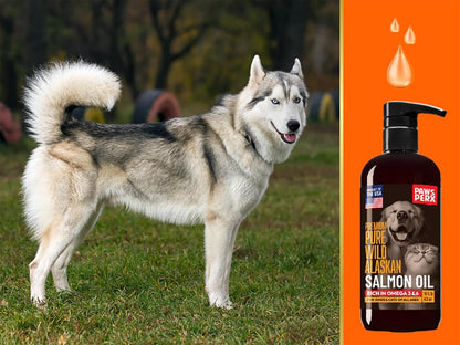 Back label of Paws PerX Salmon Oil with feeding guidelines for dogs and cats