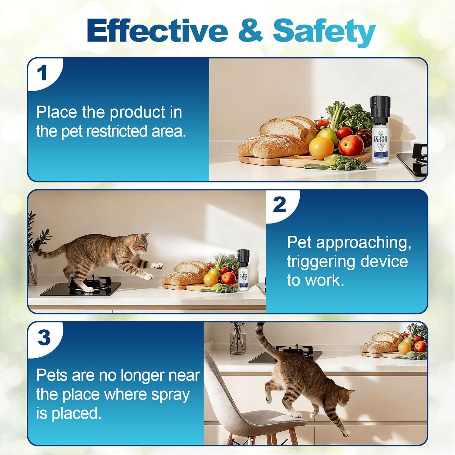 Odorless indoor cat deterrent spray canister protecting household trash bins