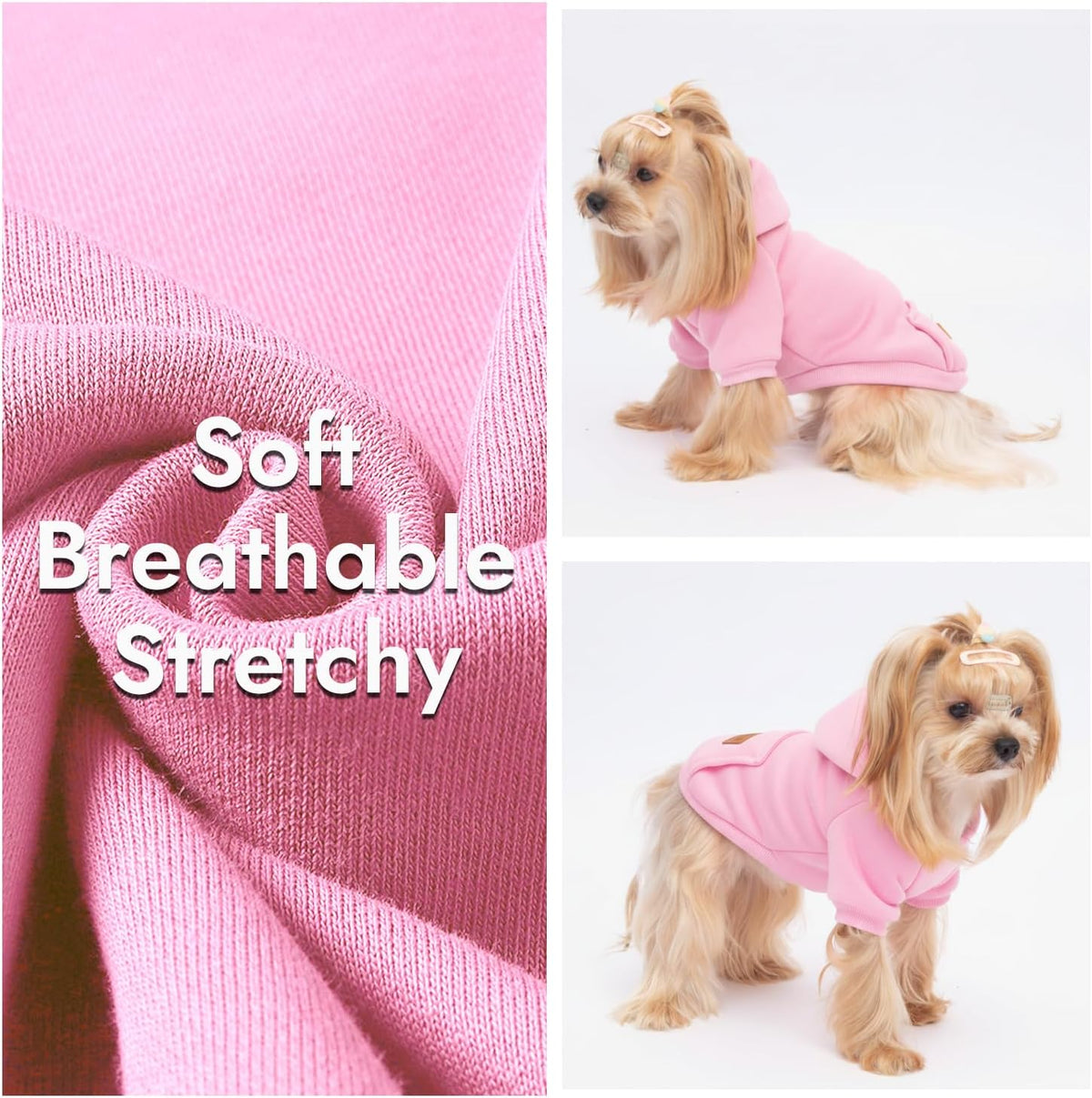 Toy Poodle puppy modeling the pink Baobicute sporty dog hoodie during winter walk.