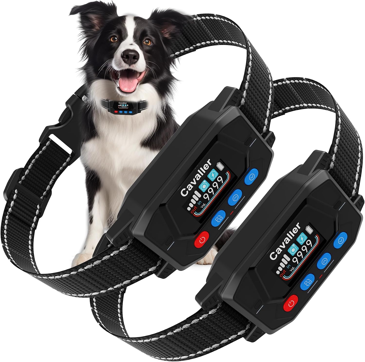 Patpet GPS wireless dog fence system front view showing the digital display collar screen.