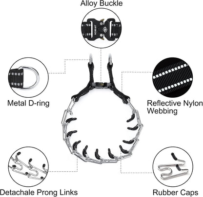 Adjustable stainless steel links being detached for custom pet neck sizing.