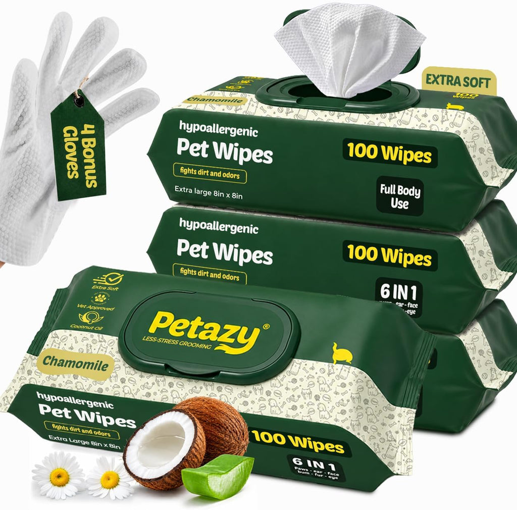 Petazy Pet Wipes for Dogs and Cats - 400 Count (8x8in) Hypoallergenic, Deodorizing Dog Wipes for Paws, Ears and Butt | XL with Aloe & Coconut Oil, Lavender Scented | Includes 4 Grooming Glove Wipes - Image 9