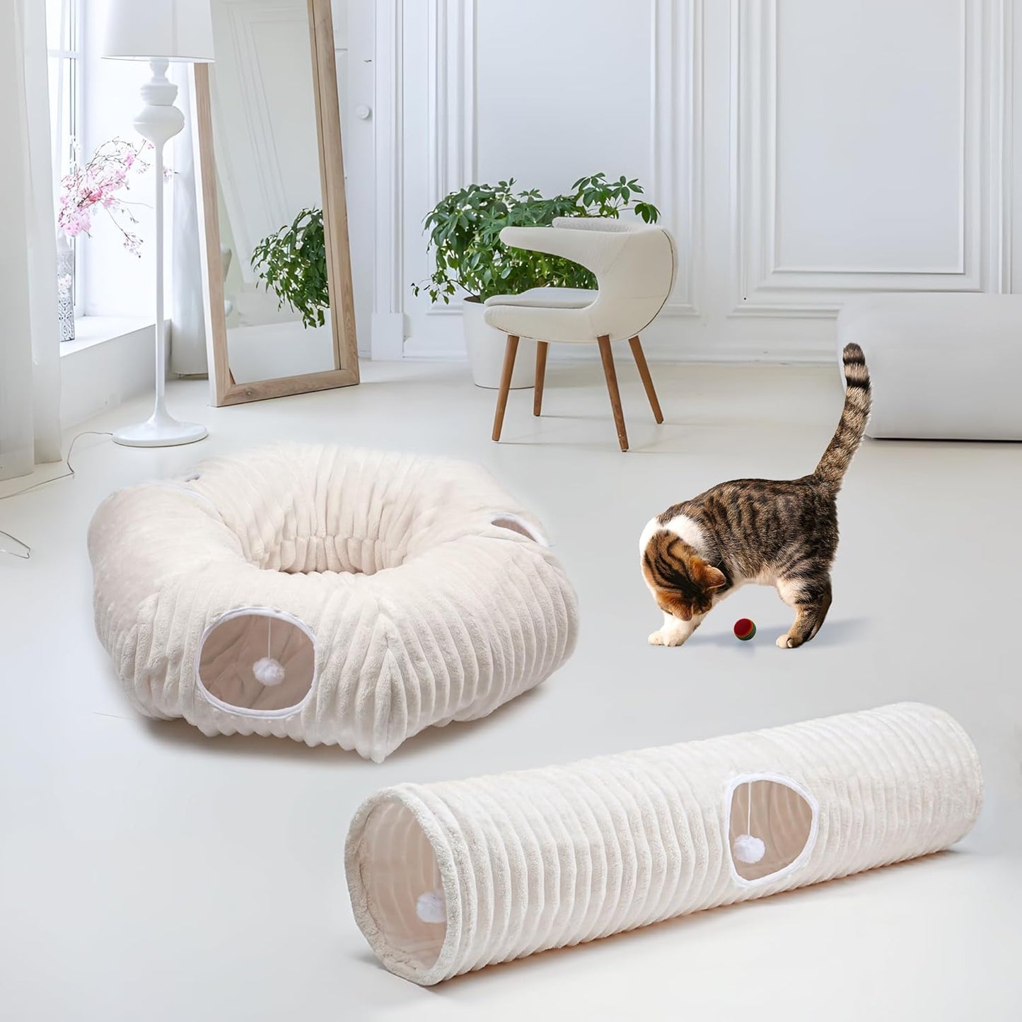 Collapsible indoor cat play tunnel with hanging toy balls at the entrance for kitten exercise.