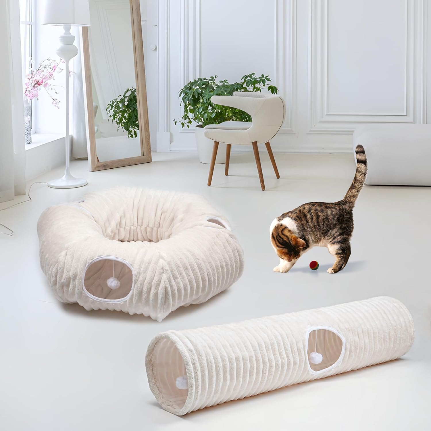 Collapsible indoor cat play tunnel with hanging toy balls at the entrance for kitten exercise.