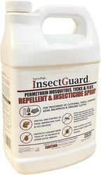Angled top view of the SaverPak InsectGuard gallon jug detailing chemical hazard warnings and application guidelines.