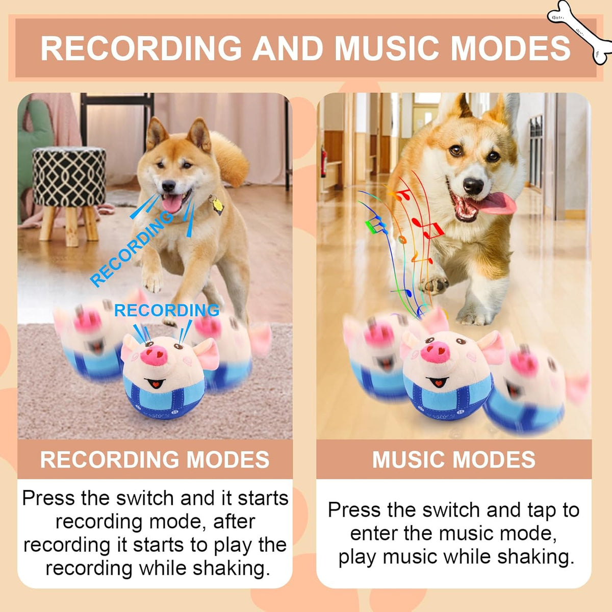 BABORUI squeaky moving dog toy being used by a medium sized dog in a living room.